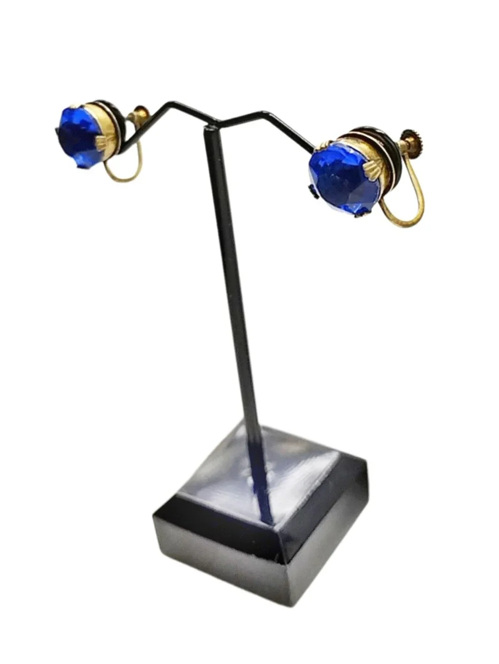 Blue Faceted Crystal Gold Tone Screw-Back Earrings 0.4
